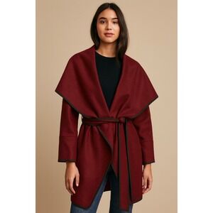 Samuel Dong Coat Women M Burgundy Shawl Collar Belted Wrap Going Out Chic Career